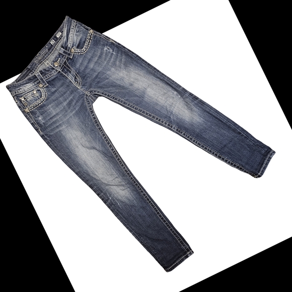 Miss Me Blue Straight Leg Jeans with Ornate Rhinestone Design - Picture 4 of 7